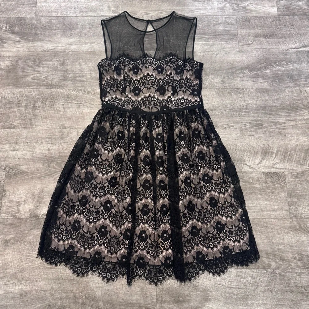 Maggy London Lace Fit & Flare Black Dress Nude Lining Womens Sz. 6 - Picture 1 of 7